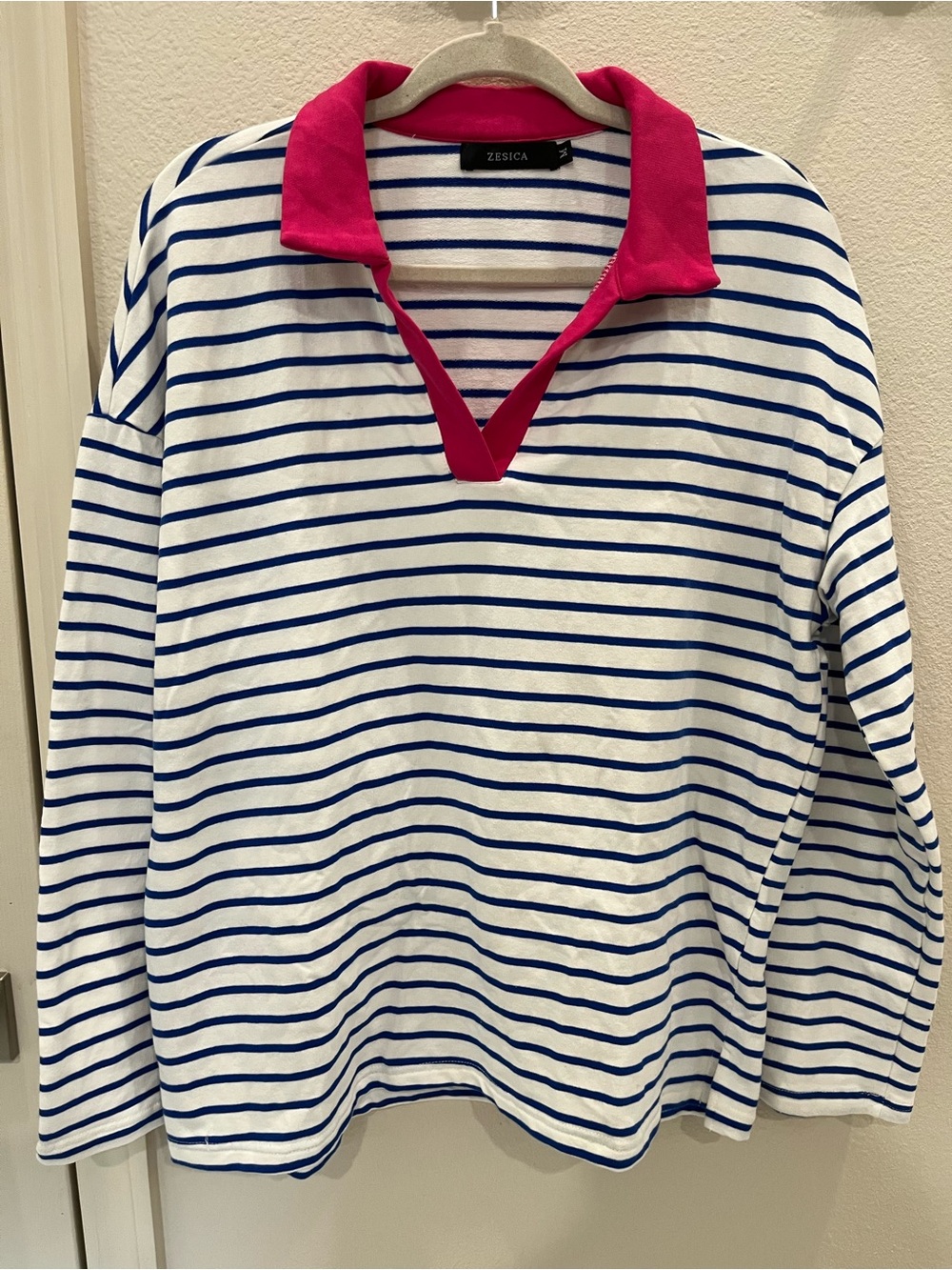 Zesica Striped V-Neck Collar Long Sleeve Top - White & Blue with Pink Collar - Picture 2 of 6